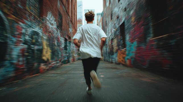 Man running through urban alleyway with graffiti, motion blur and city buildings