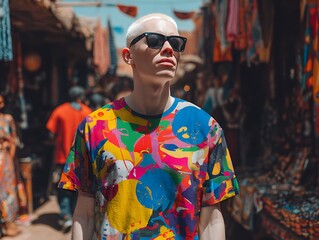 Albino man with sunglasses and colorful shirt in a vibrant outdoor market