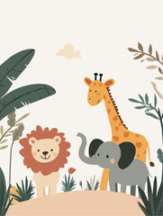 Playful naive safari animal illustration featuring lions, elephants and zebras for children’s posters, greeting cards, party decor and DIY craft projects
