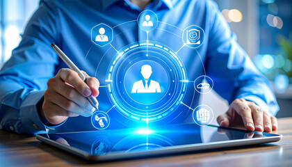 businessman holding tablet with social network icons