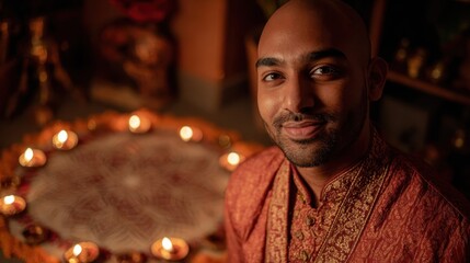 An Indian man in traditional Diwali clothes, against a bright rangoli background, his face illuminated by diyas, a traditional holiday in India