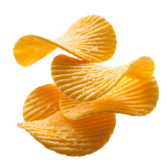 Crispy ridged potato chips stacked and falling isolated on transparent background