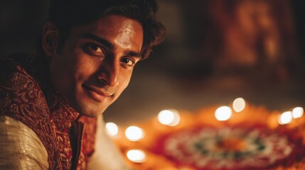 An Indian man in traditional Diwali clothes, against a bright rangoli background, his face illuminated by diyas, a traditional holiday in India