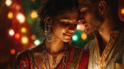 A couple, a man and a woman celebrating Diwali, a woman in a beautiful sari, a man in a jacket, they are surrounded by traditional colorful lights and lighted diyas