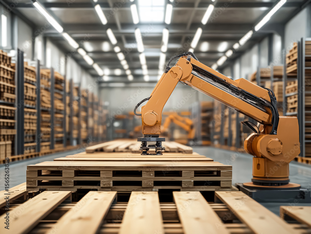 Poster robot is in a warehouse and is picking up a pallet