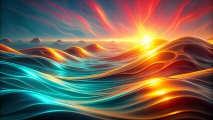 Obraz premium Serene Sunset Over Abstract Wavy Landscape Featuring Vivid Hues of Orange, Teal, and Crimson