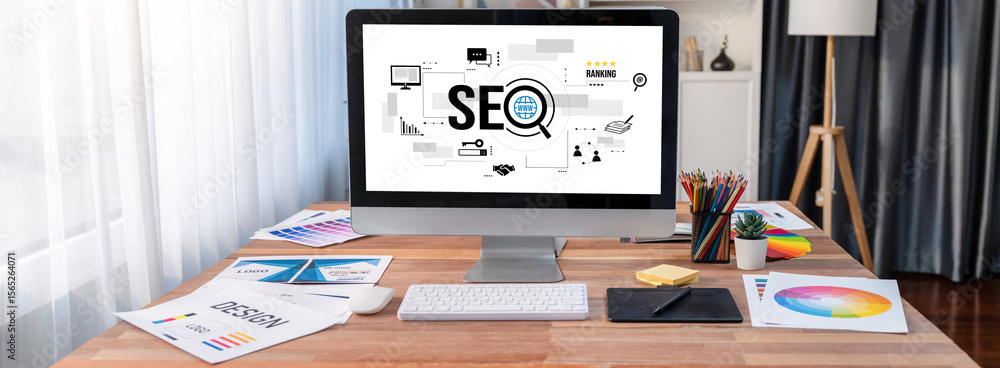 Poster seo search engine optimization for brisk e-commerce and online retail business showing on computer s