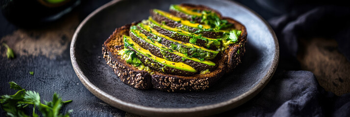 Avocado toast topped with fresh herbs sits on a rustic plate, enjoying the tranquility of a morning breakfast, with warm lighting enhancing the inviting atmosphere