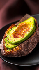 An inventive breakfast dish features roasted sweet potato filled with creamy avocado and topped with a perfectly cooked egg, garnished with fresh herbs