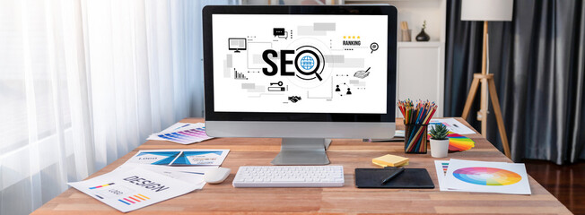 SEO search engine optimization for brisk e-commerce and online retail business showing on computer...