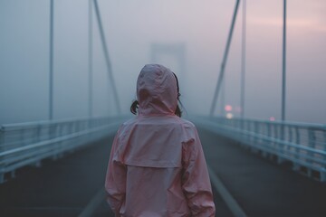 Woman in pink jacket walking on bridge in fog, back view, urban exploration