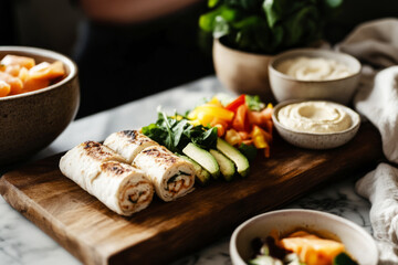 Breakfast boards are filled with vibrant fruits, fresh vegetables, and flavorful rolls, creating a visually appealing and nutritious morning meal in a welcoming kitchen setting