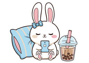 Cartoon White Bunny with Blue Bow Using Phone Next to Bubble Tea.