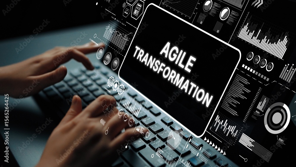 Poster innovative digital workspace representing agile transformation with data analytics and modern techno