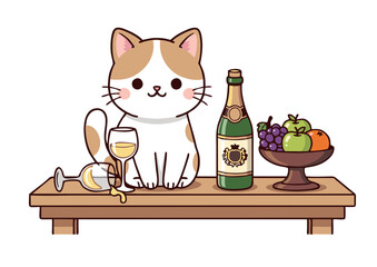 Adorable Cartoon Cat with Champagne Wine and Fruit on Table.