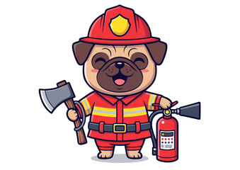Fototapeta premium Cartoon Pug Dog Firefighter with Axe and Extinguisher Smiling Expression.