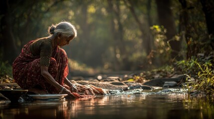 n elderly woman in bright traditional Indian clothes does laundry on the riverbank in a village in India, surrounded by serene nature, emphasizing cultural heritage and daily routine.