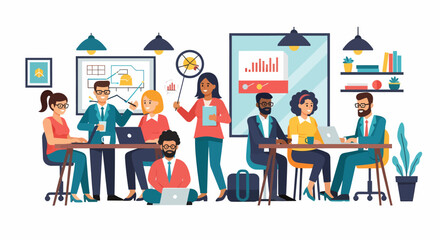 Diverse team collaborating in a modern office reviewing charts and graphs 1.