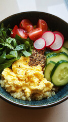 Freshly prepared breakfast bowl featuring fluffy scrambled eggs, sliced cucumbers, ripe tomatoes, creamy avocado, radishes, and greens under natural light