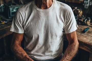 Torso of a man in a white t-shirt, sitting in a workshop environment