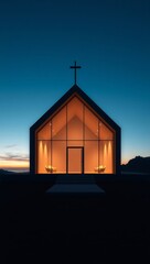 Modern Minimalist Chapel Glowing at Twilight, Serene Landscape