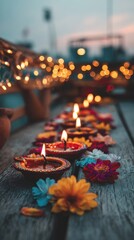 A rustic wooden table decorated with bright flowers is decorated with candles with burning flames, which create a festive atmosphere due to the warm glare of the side in the background. The traditiona
