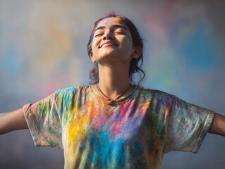 Young woman covered in vibrant Holi powder, celebrating the festival of colors