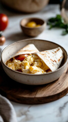 A hearty breakfast features a burrito stuffed with scrambled eggs, fresh tomatoes, and melted cheese, showcased in a ceramic bowl on a wooden surface
