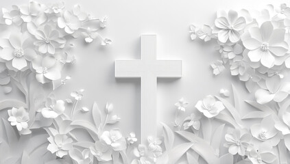 Elegant 3D paper cut white cross and flowers design for modern wall mural art