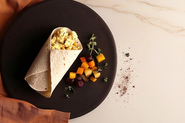 A vibrant breakfast wrap filled with a sunny-side up egg and a mix of fresh fruits including mango, berries, and more, presented in a cozy kitchen environment