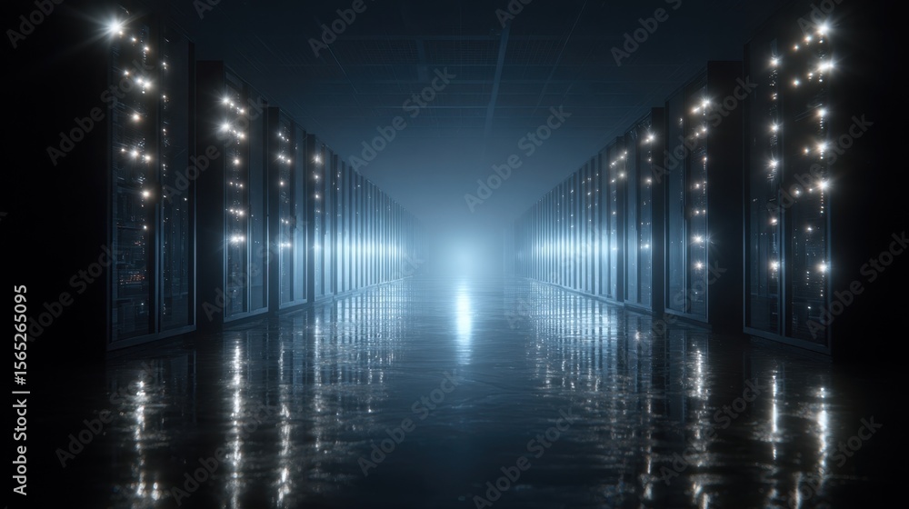 Poster an atmospheric image of a dimly lit data center filled with rows of server racks. the glowing lights