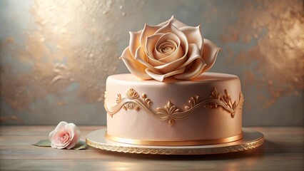Elegant single-tiered cake adorned with a delicate sugar rose and gold detailing, resting on a decorative cake stand