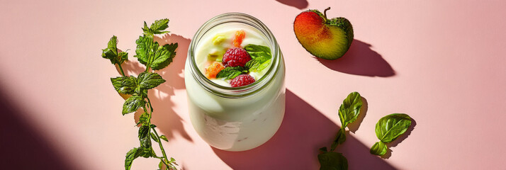 A refreshing breakfast treat features creamy yogurt topped with colorful fruit and a sprig of mint, set against a bright pink backdrop with gentle shadows, banner