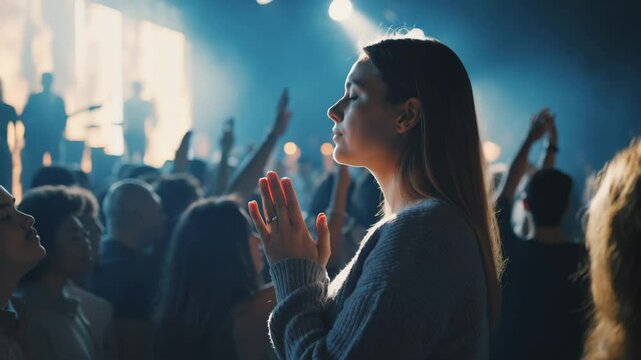 A slow-motion 4K handheld video of a Christian praying at a worship night with crowds, stage lights, and religious concert atmosphere.