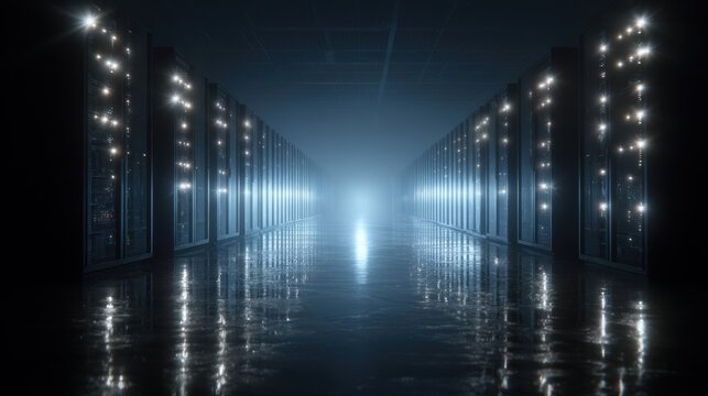 An atmospheric image of a dimly lit data center filled with rows of server racks. The glowing lights of the devices create a futuristic ambiance symbolizing the backbone of cloud computing