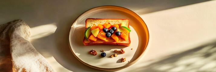 A delicious sandwich layered with creamy toppings, fresh blueberries, and other fruits is presented on a cream plate. Morning light enhances the inviting atmosphere, banner
