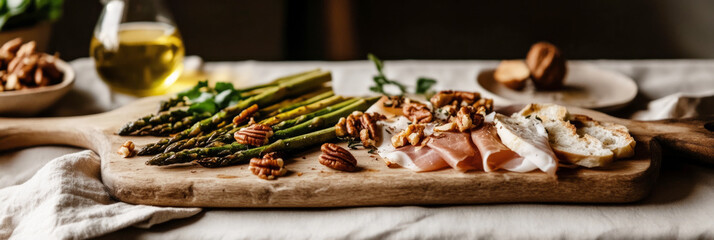 A beautifully arranged breakfast board features fresh asparagus, assorted cheeses, cured meats, nuts, and herbs, ideal for a relaxed morning gathering with friends or family, banner