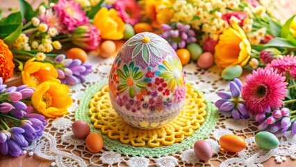 A vibrantly decorated Easter egg rests on a crocheted doily, surrounded by a profusion of colorful spring blossoms and pastel-hued eggs.