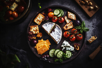 A beautifully arranged breakfast board showcases assorted cheeses, cherry tomatoes, fresh herbs, and crunchy crackers, perfect for a delightful morning gathering with friends or family