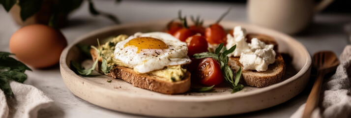 Breakfast board display includes poached egg with runny yolk, fresh cherry tomatoes, creamy cheese, and herbs arranged on rustic bread. Perfect for a morning feast, banner