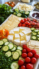 Delicious breakfast board filled with fresh vegetables, cheese, and crackers on a sunny morning