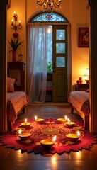 The Indian house is decorated with intricate rangoli ornaments, oil lamps and decorative flowers for Diwali, which enhances the atmosphere of festive events and creates