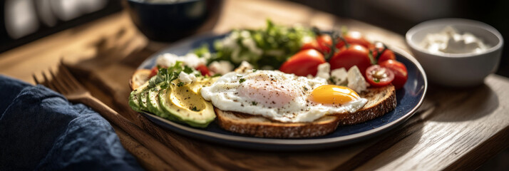 Delicious breakfast board featuring eggs, fresh vegetables, and bread, perfect for a morning meal at home