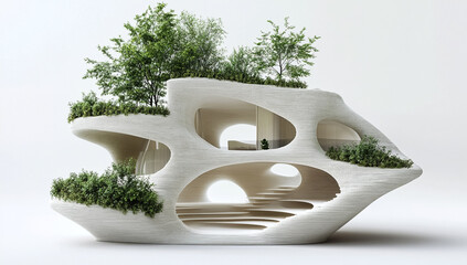 futuristic 3d-printed organic building featuring natural forms and indoor garden