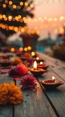 A rustic wooden table decorated with bright flowers is decorated with candles with burning flames, which create a festive atmosphere due to the warm glare of the side in the background. The traditiona