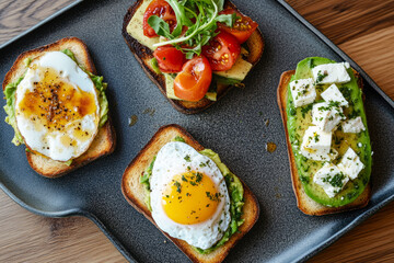 Delight in a variety of breakfast boards showcasing poached eggs, creamy avocado, and fresh tomatoes on perfectly toasted slices of bread, ideal for a morning meal