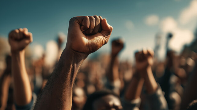 Low-angle, cropped view of anonymous African American protesters raising their fists in solidarity during a peaceful social justice demonstration. Generative AI.

