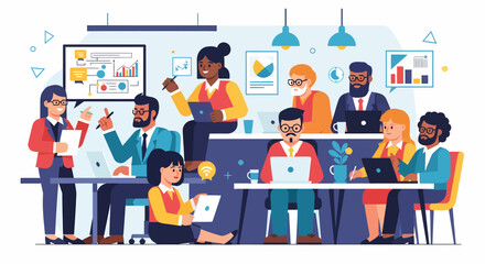 Diverse team collaborating in a modern office space with data charts and laptops.