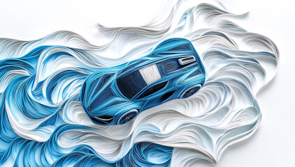 Futuristic paper quilling car with water-like blue lines on a white background
