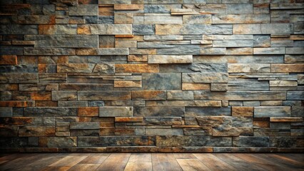 Rustic stone wall backdrop with rich brown wood flooring, ideal for design projects and presentations.